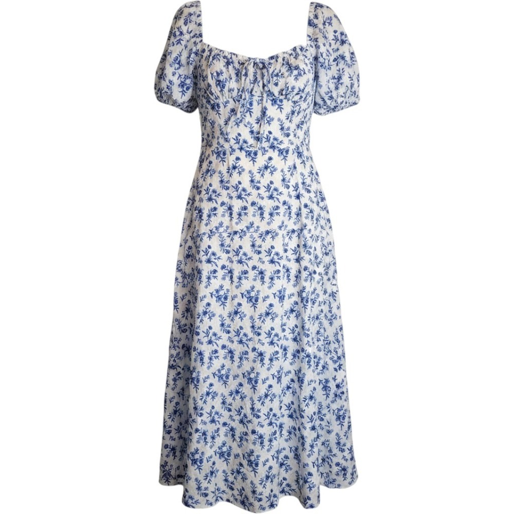 Baltic Born Blue White Floral Puff Sleeve‎ Smocked Midi Dress Womens Small NEW